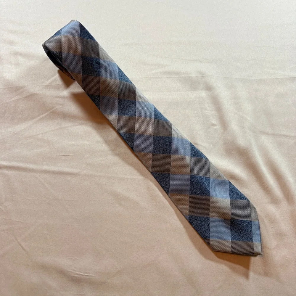 Bespoke New York Necktie Mens OS Blue Brown Buffalo Plaid Textured Polyester Tie